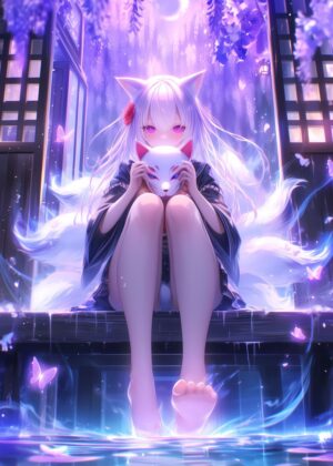 Enchanted Fox Spirit: A Mystical Anime Artwork - Premium Wooden Framed Poster. Ready to Hang.