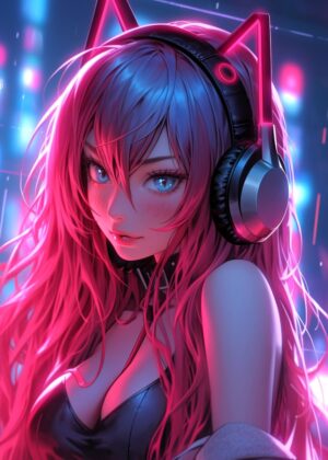Cyberpunk Angel: Neon Dreams - Premium Wooden Framed Poster. Ready to Hang.