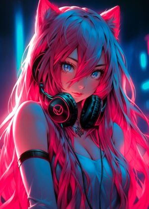 Cyberpunk Anime Girl: Neon Dreams - Premium Wooden Framed Poster. Ready to Hang.