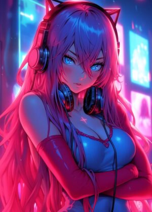 Sweet Cat Girl: Neon Dreams - Premium Wooden Framed Poster. Ready to Hang.