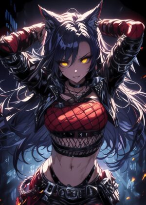 Dark Sexy Warrior Girl: Anime Art Print - Premium Wooden Framed Poster. Ready to Hang.