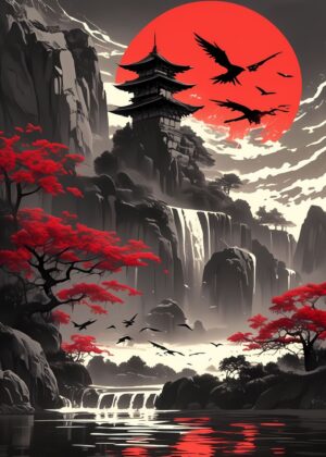 Serene Japanese Pagoda Landscape Art Print - Premium Wooden Framed Poster. Ready to Hang.