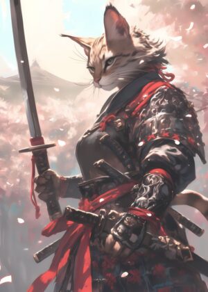 Savannah Cat Samurai: A Stunning Digital Painting - Premium Wooden Framed Poster. Ready to Hang.