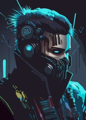 Neon Cyberpunk Warrior: Digital Art Print - Premium Wooden Framed Poster. Ready to Hang.