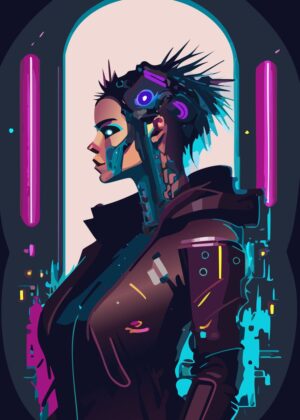 Cyberpunk Female Character Art Print - Premium Wooden Framed Poster. Ready to Hang.