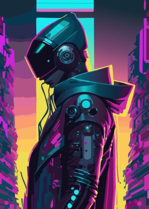 Neon Cyberpunk Cityscape Art Print - Premium Wooden Framed Poster. Ready to Hang.