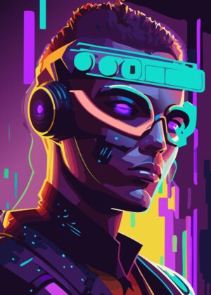Neon Cyberpunk Warrior: 80s Retrofuturistic Digital Art - Premium Wooden Framed Poster. Ready to Hang.