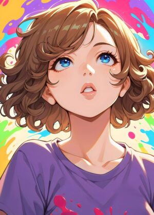 Anime Woman with Curly Brown Hair and Blue Eyes - Premium Wooden Framed Poster. Ready to Hang.