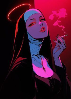 Neon Nun: Rebellious Faith - Premium Wooden Framed Poster. Ready to Hang.