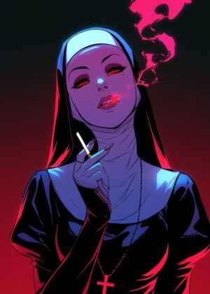 Smoking Nun: Neon Gothic Art Print - Premium Wooden Framed Poster. Ready to Hang.
