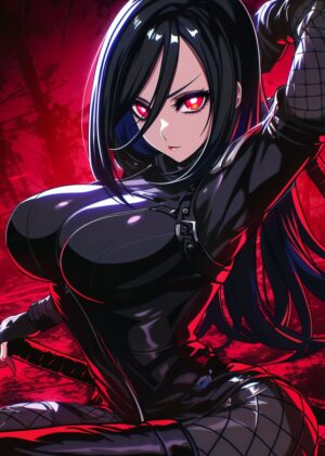 Red Anime Ninja Girl: Fierce Beauty in the Shadows - Premium Wooden Framed Poster. Ready to Hang.