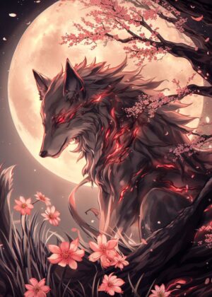Mystical Black Wolf Under Cherry Blossoms - Premium Wooden Framed Poster. Ready to Hang.