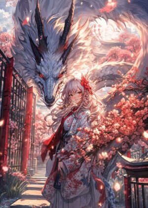 Sakura Anime Girl and Dragon Art Print - Premium Wooden Framed Poster. Ready to Hang.