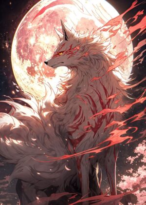 Full Moon Sakura Kitsune: Mystical Art Print - Premium Wooden Framed Poster. Ready to Hang.