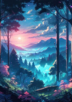 Enchanted Forest Sunrise: A Magical Fantasy Landscape - Premium Wooden Framed Poster. Ready to Hang.