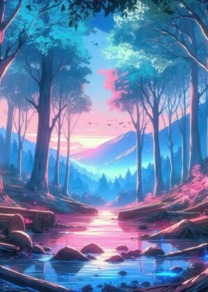 Enchanted Forest at Sunset: Fairy Tale V18 - Premium Wooden Framed Poster. Ready to Hang.