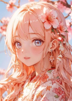 Spring's Promise: Anime Girl in Blossom - Premium Wooden Framed Poster. Ready to Hang.