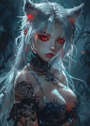 Enigmatic Catgirl: Dark Fantasy Art Print - Premium Wooden Framed Poster. Ready to Hang.