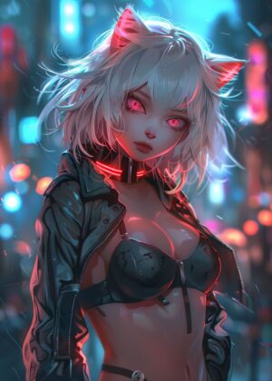Cyberpunk Cat Girl Art Print - Premium Wooden Framed Poster. Ready to Hang.