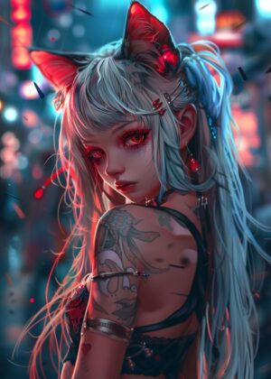 Cyberpunk Cat Girl: Neon Dreams Art Print - Premium Wooden Framed Poster. Ready to Hang.