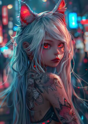 Cyberpunk Cat Girl: Neon City Dreams - Premium Wooden Framed Poster. Ready to Hang.