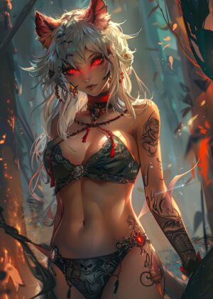 Fiery Fox Spirit: Anime Art Print - Premium Wooden Framed Poster. Ready to Hang.