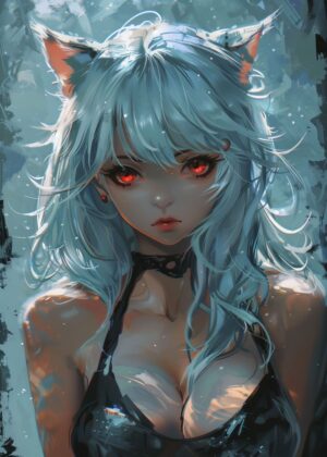 Cute Anime Girl with Cat Ears and Red Eyes - Premium Wooden Framed Poster. Ready to Hang.