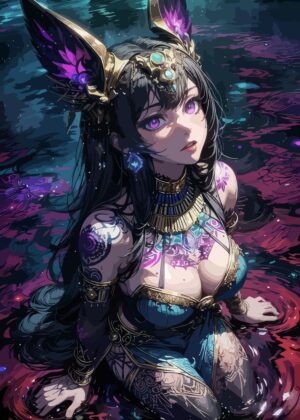Enigmatic Black-Haired Goddess in Mystical Waters - Premium Wooden Framed Poster. Ready to Hang.