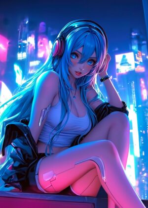 Cyberpunk Android Angel: Neon City Dreams - Premium Wooden Framed Poster. Ready to Hang.