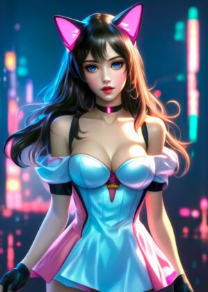 Cyberpunk Anime Cat Girl Art Print - Premium Wooden Framed Poster. Ready to Hang.