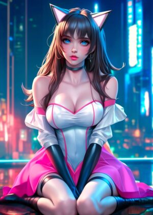 Cyberpunk Cat Girl: Neon Dreams Art Print - Premium Wooden Framed Poster. Ready to Hang.