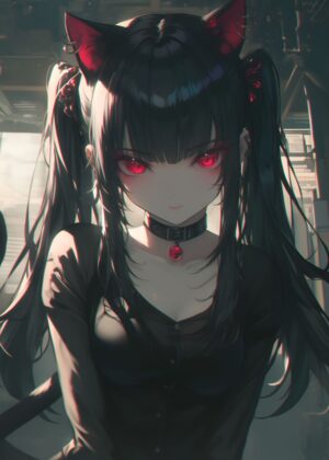 Crimson Stare: Anime Girl Art Print - Premium Wooden Framed Poster. Ready to Hang.