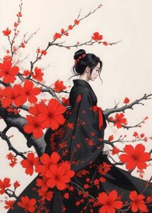 Elegant Geisha in Blooming Cherry Blossoms - Premium Wooden Framed Poster. Ready to Hang.