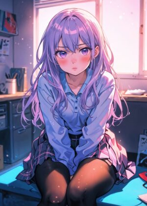 Adorable Anime Girl in a Difficult Situation - Premium Wooden Framed Poster. Ready to Hang.