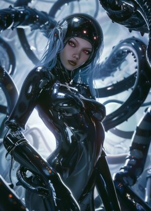 Cyberpunk Femme Fatale: Sci-Fi Warrior Art Print - Premium Wooden Framed Poster. Ready to Hang.