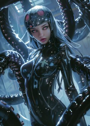 Cyberpunk Femme Fatale: Sci-Fi Warrior Art Print - Premium Wooden Framed Poster. Ready to Hang.