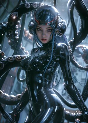 Cyberpunk Octopus Woman: Futuristic Sci-Fi Art - Premium Wooden Framed Poster. Ready to Hang.