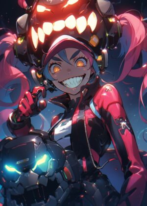 Anime Futuristic Girl with Mech - Premium Wooden Framed Poster. Ready to Hang.