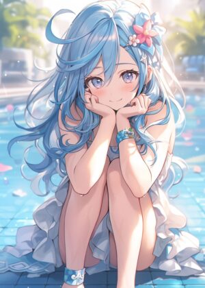 Anime Girl by the Pool: Futuristic Dreamscape - Premium Wooden Framed Poster. Ready to Hang.