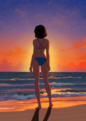 Lonely Sunset at the Beach: A Serene Digital Art Print - Premium Wooden Framed Poster. Ready to Hang.