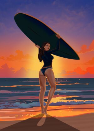 Sunset Surfer Girl: Vibrant Beach Art - Premium Wooden Framed Poster. Ready to Hang.