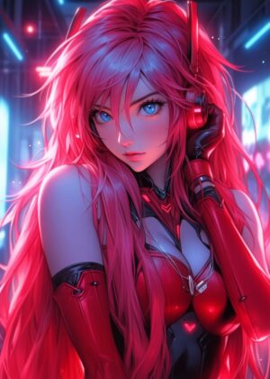 Cyberpunk Anime Girl: Neon Dreams - Premium Wooden Framed Poster. Ready to Hang.