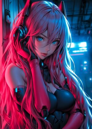 Cyberpunk Robot Maid: Digital Art Print - Premium Wooden Framed Poster. Ready to Hang.