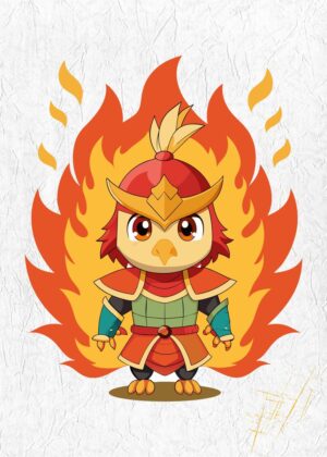 Fiery Phoenix Samurai: Digital Art Print - Premium Wooden Framed Poster. Ready to Hang.