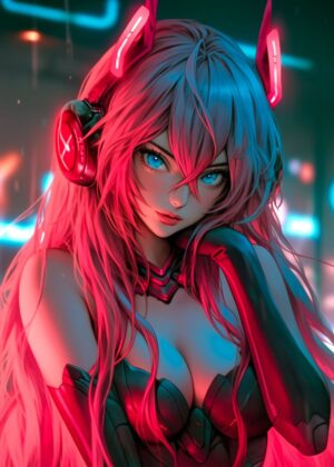 Tokyo Cyberpunk Angel: Neon Dreams Art Print - Premium Wooden Framed Poster. Ready to Hang.