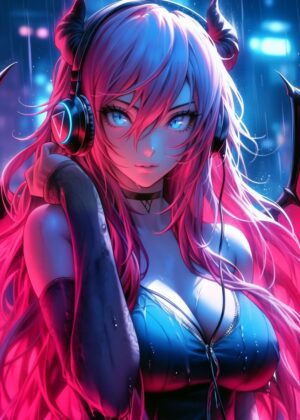 Sweet Demon Girl: Anime Art Print - Premium Wooden Framed Poster. Ready to Hang.