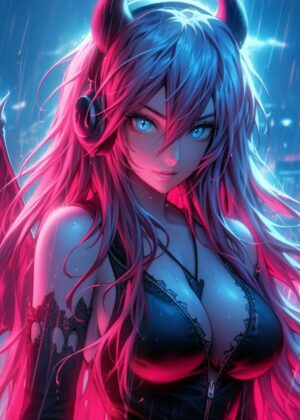 Maiden Demon: Cyberpunk Anime Art Print - Premium Wooden Framed Poster. Ready to Hang.