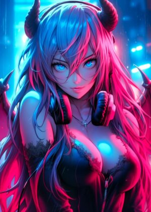 Cyberpunk Demon Girl Art Print - Premium Wooden Framed Poster. Ready to Hang.