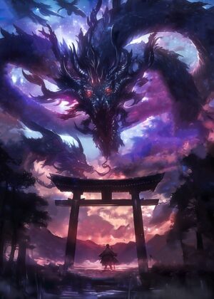 Mystical Dragon Encounter at the Torii Gate - Premium Wooden Framed Poster. Ready to Hang.