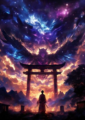 Torii Gate Phoenix: A Mystical Journey - Premium Wooden Framed Poster. Ready to Hang.